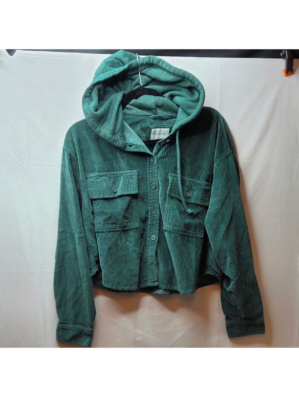 American Eagle Hooded Cropped Corduroy Button Up Shirt Jacket Green M NWOT